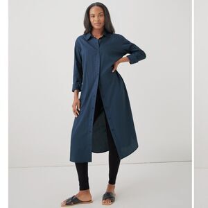 Pact 100% Organic Cotton Light Gauze Navy Button Down Shirt Midi Dress M